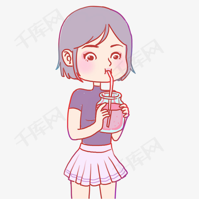 大暑手绘卡通夏日紫色喝汽水的女孩元素下载