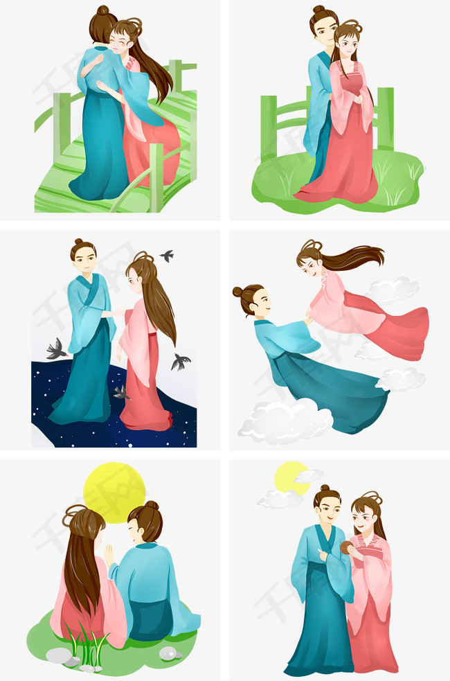 七夕牛郎织女鹊桥相会插画