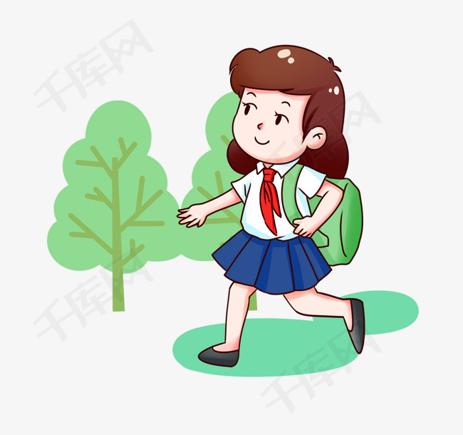 开学季小女孩上学路上插画