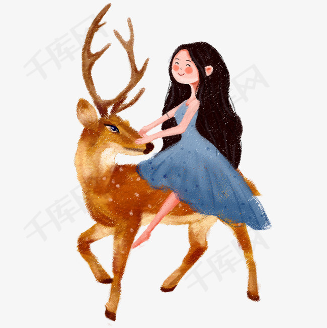 小女孩和梅花鹿手绘设计图小女孩裙子长发黑色的头发动物麋鹿