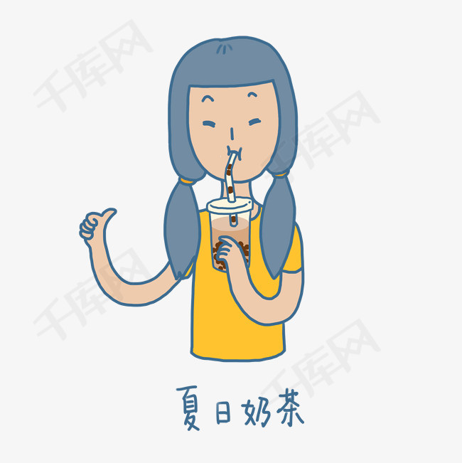 夏日清凉手绘卡通可爱双马尾女孩喝奶茶表情包