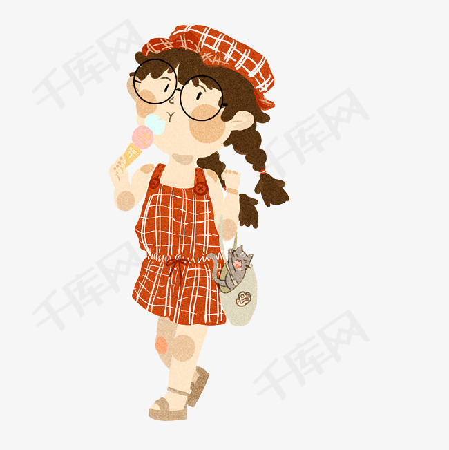 夏日穿搭卡通女孩吃冰淇淋小清新插画