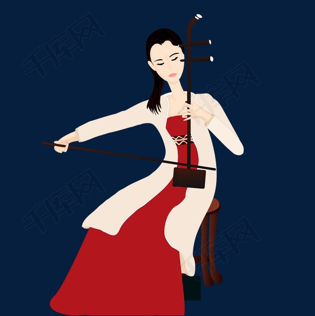 中国古典乐器之拉二胡的少女手绘免抠矢量分层高清图