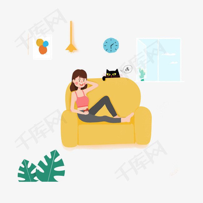 卡通手绘ins风小确幸可爱女孩和猫咪的小场景