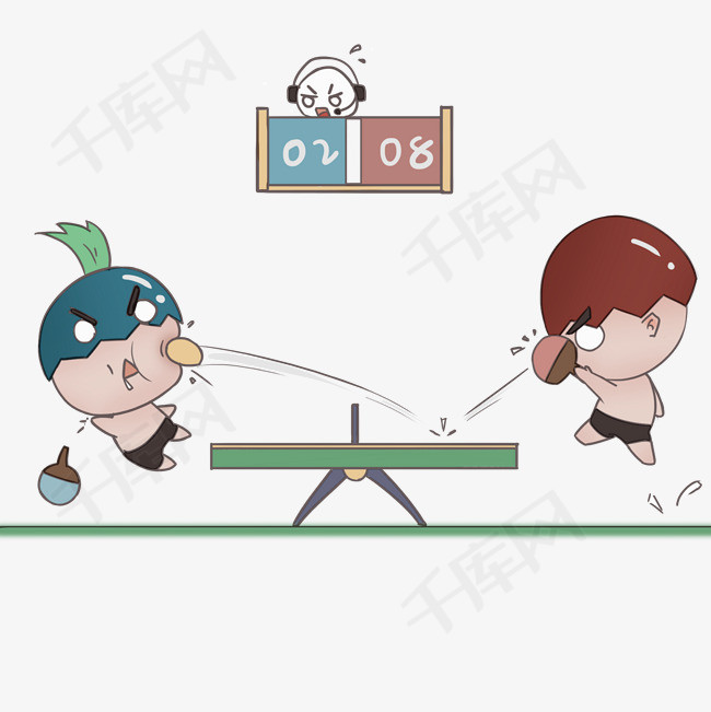 运动健身打乒乓球卡通手绘免扣png