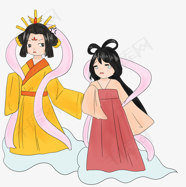 手绘神话故事王母带走织女插画