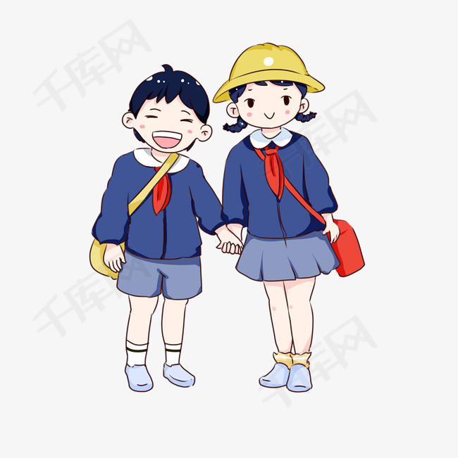 卡通开学日上学的小学生背书包上学蓝色校服可爱q版小学生去上学友谊