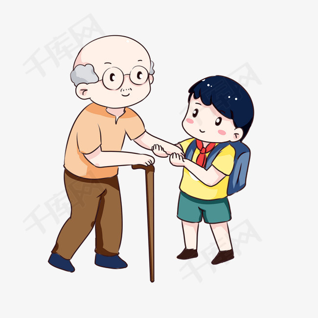 手绘卡通扶老人过马路