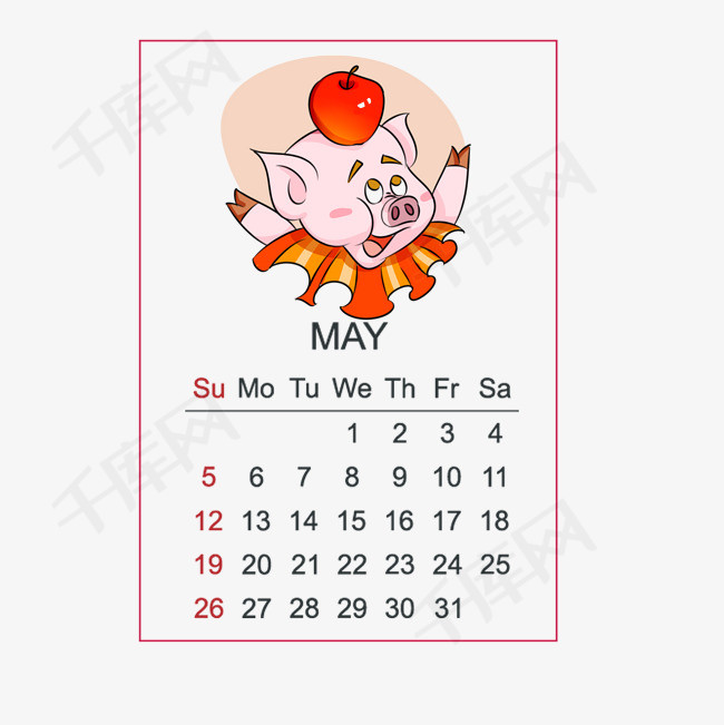 2019年日历 卡通,2019年日历卡通 卡通手绘2019猪年日历五月