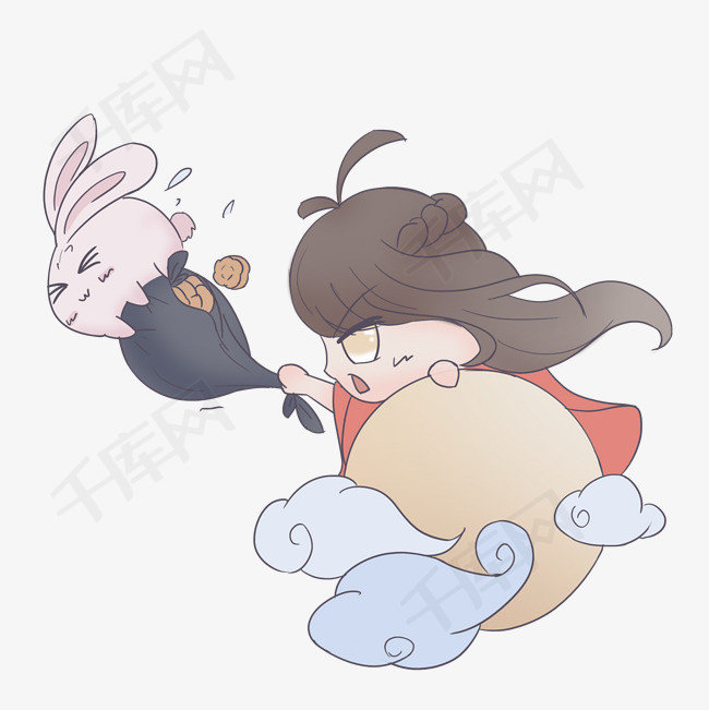 中秋节卡通手绘q版免扣png中秋节卡通手绘风格人物月兔月饼包裹祥云