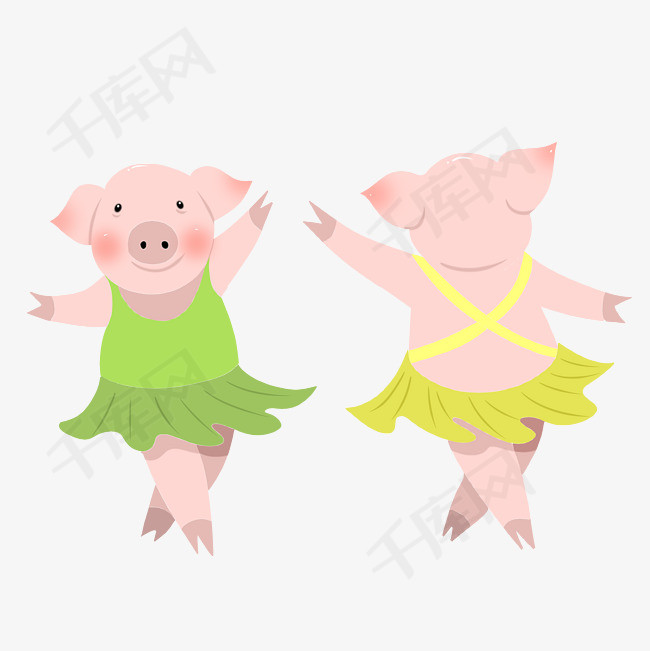 手绘矢量卡通可爱猪年小清新日系跳舞的小猪仔小乳猪