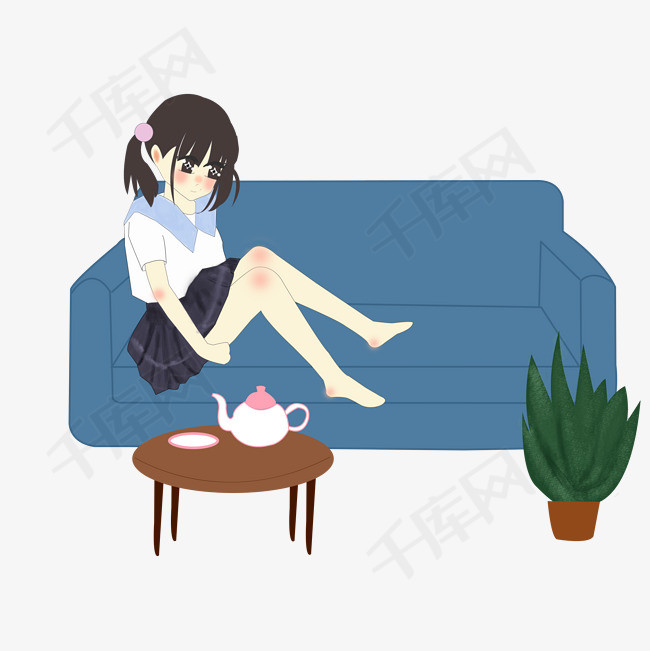 周末休闲时光坐在沙发上喝茶的女孩插画png