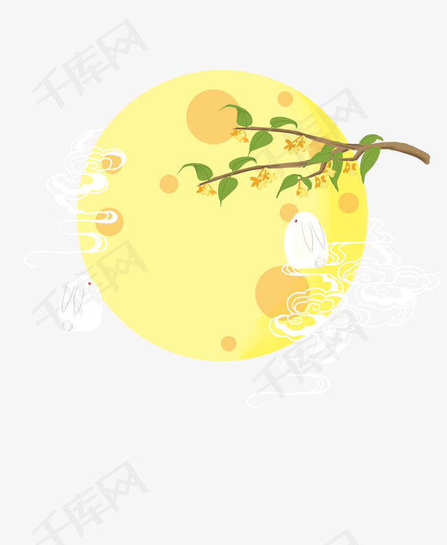 中秋可爱赏月白兔桂花手绘图