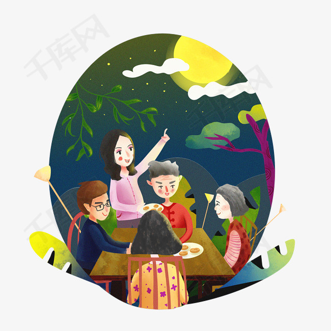 中秋合家团圆庭院赏月温馨png图
