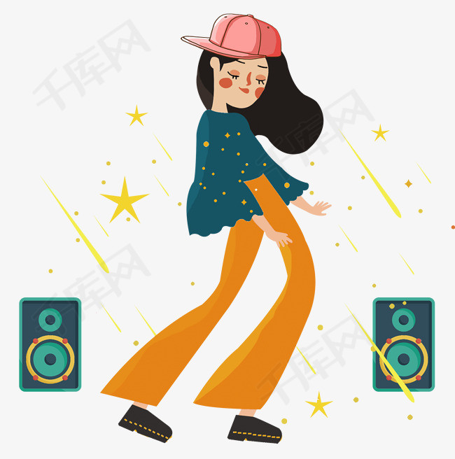 手绘跳街舞的少女免抠图