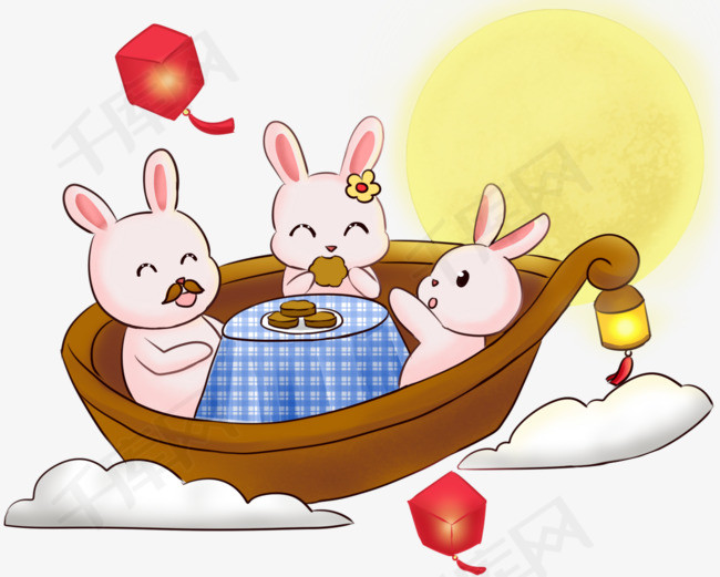 中秋节可爱兔子坐船赏月png透明底千库原创