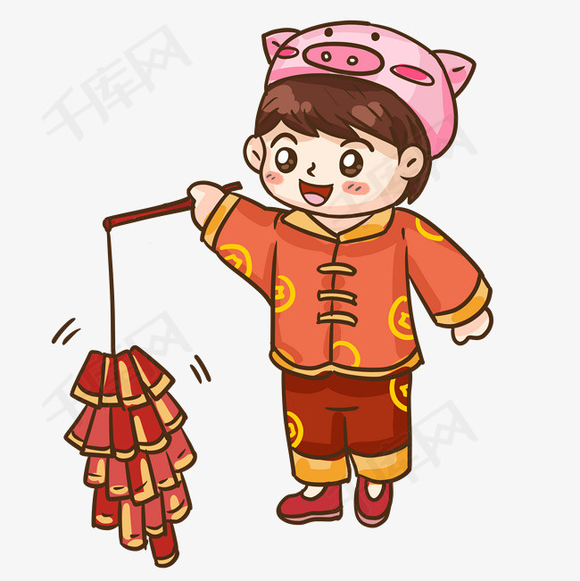 2019猪年新年快乐放鞭炮少年手绘卡通