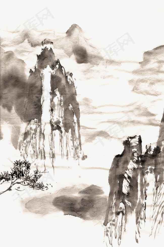 山水云雾水墨画png免抠素材