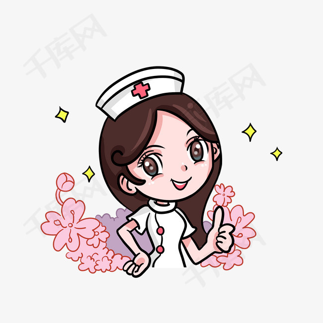 温柔的女护士卡通图案女护士医生医疗温柔可爱卷发长发花朵