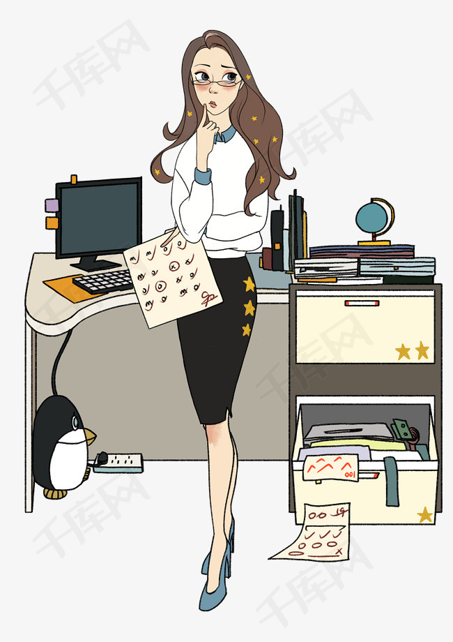 办公室工作卡通美女人物插画