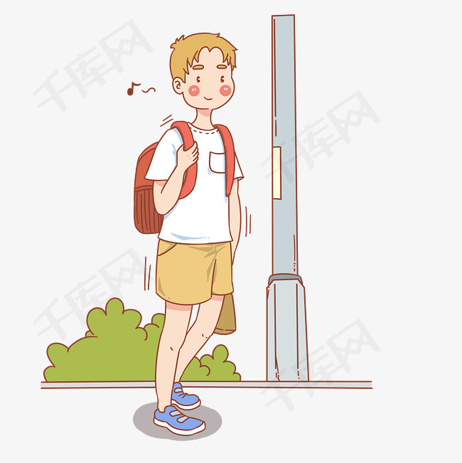 手绘学生步行上学插画