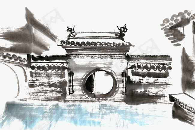 大宅门古建筑水墨画png免抠素材
