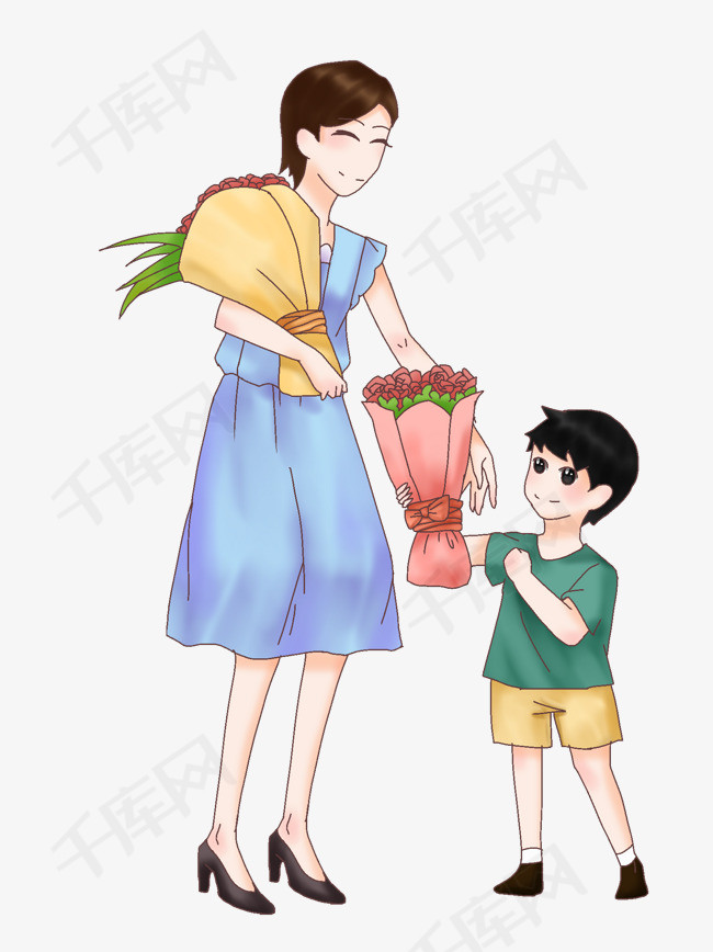 卡通教师节学生送花给老师插画