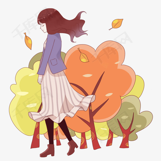 秋季美丽女生手绘插画长头发橙色唯美散步女生秋色落叶