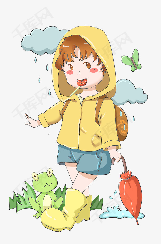 穿雨衣学生手绘插画