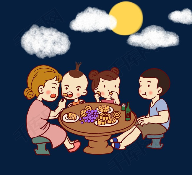 中秋节吃团圆饭一家人赏月吃月饼卡通免扣插画手绘