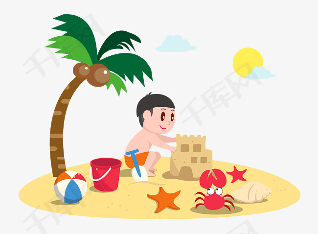 沙滩上玩沙子的小男孩