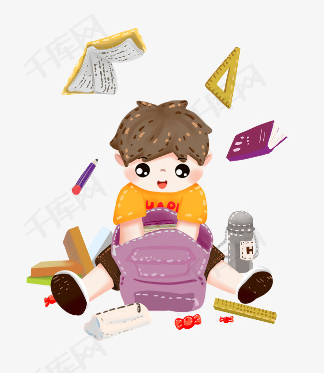 手绘小学生收拾书包文具插画