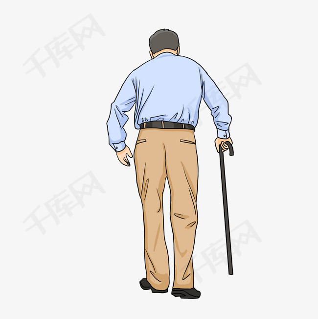 重阳节老年人拄拐杖走路背影