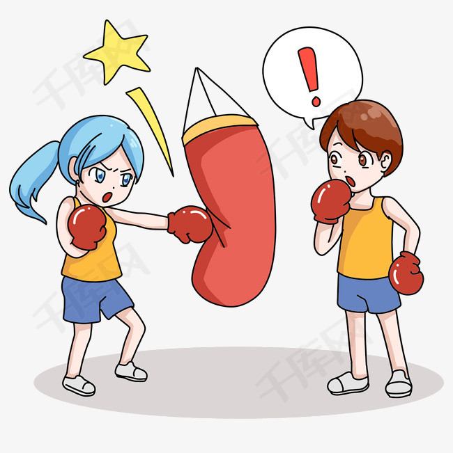 男孩女孩打拳击卡通全面运动插画