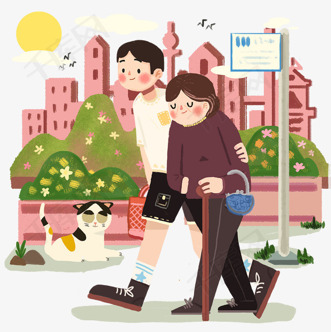 重阳关爱来人扶老人过马路陪伴关爱png图