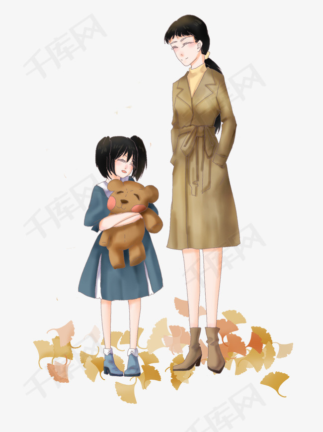 秋季主题母亲和小女孩动漫人物插画