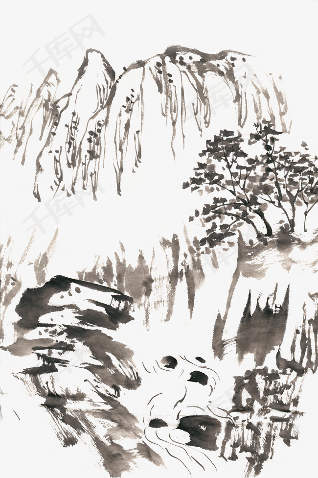 山间瀑布水墨画png免抠素材