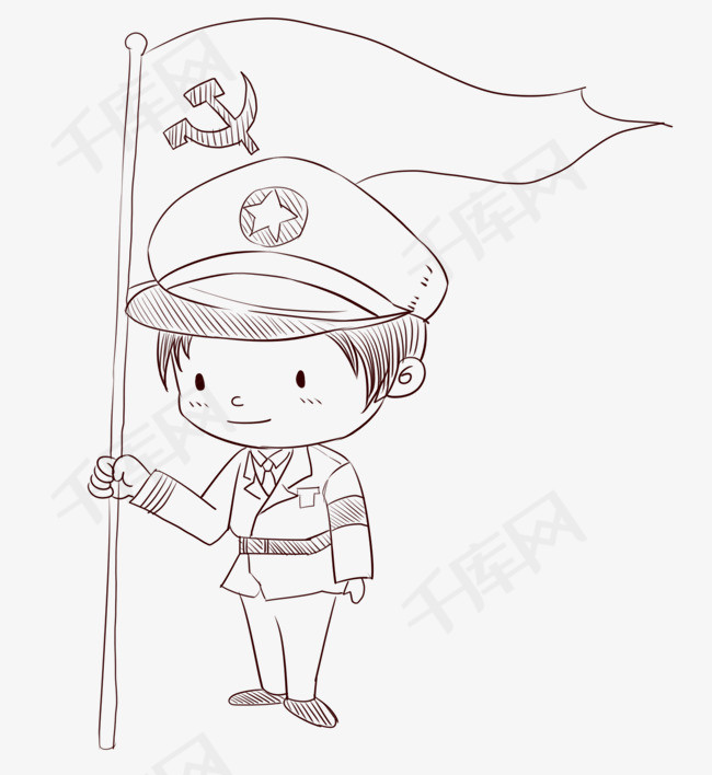 手绘线描军人党旗插画手绘线描军人军装军帽党旗