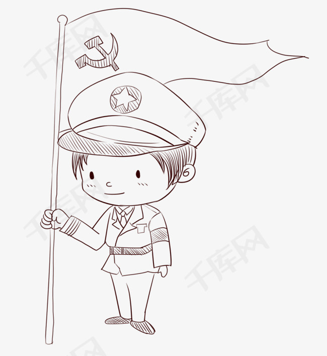 手绘线描军人党旗插画