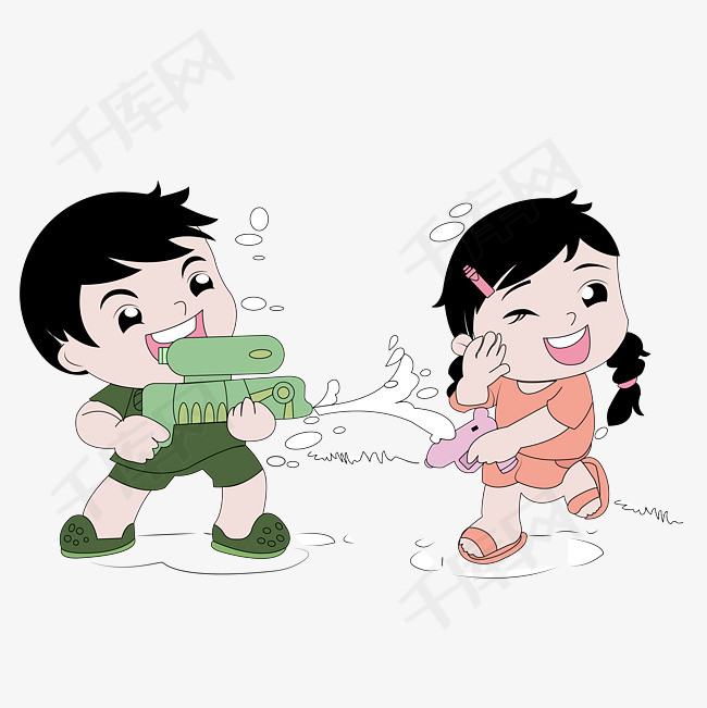 一起玩水枪的男孩女孩