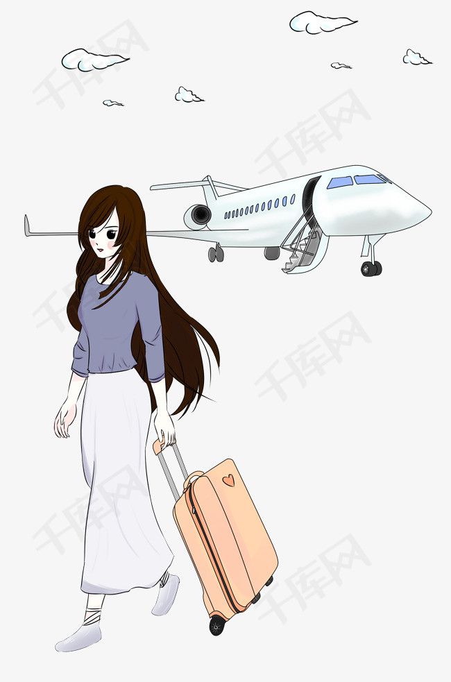飞机和拖着行李箱女生手绘卡通插画