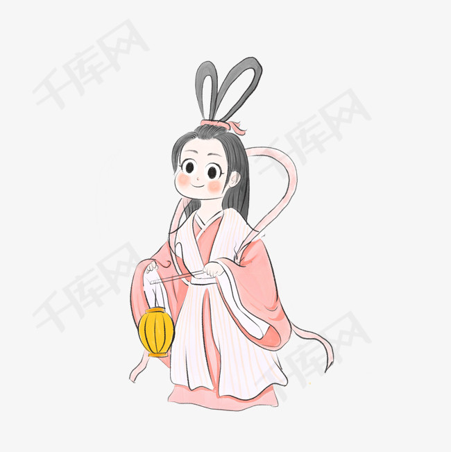 中秋节暖色卡通手绘古代嫦娥古风q版png免扣图插画
