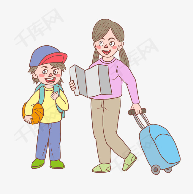 旅游姐弟俩手绘卡通
