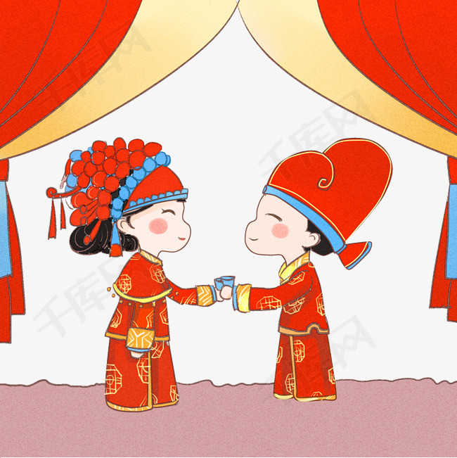 手绘卡通可爱中式婚礼手绘卡通可爱新郎新娘红色