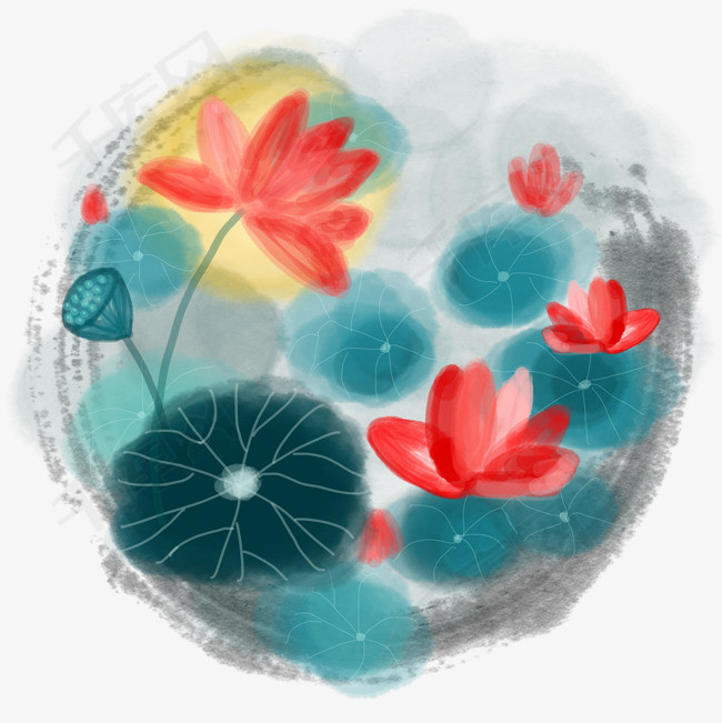 中国风水彩水墨荷塘月色原创手绘免抠高清图