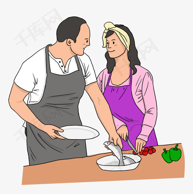 做饭的情侣长发扎头巾的女生穿围裙的男生一起做饭手拿盘子在案板切菜
