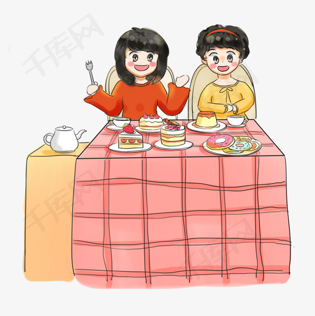 餐饮聚餐吃饭卡通手绘q版吃蛋糕