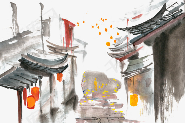 江南小镇水墨画png免抠素材