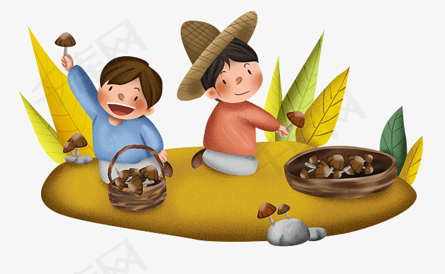 秋天采蘑菇的小孩秋天秋季叶子儿童秋收秋游  