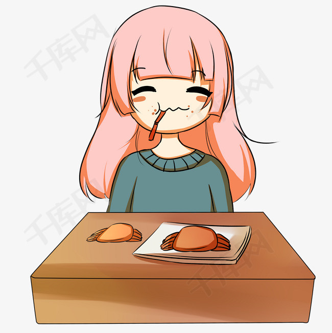 卡通少女吃螃蟹插画卡通少女吃螃蟹美味螃蟹女生插画小女生少女系萌